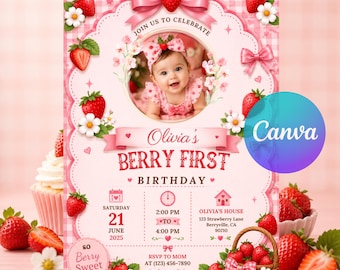 Berry First Birthday Invitation with Photo, Editable Strawberry 1st Birthday Invite, Canva Template, Girl Party, Instant Download