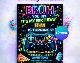 Bruh 誕生日招待状編集可能 Canva テンプレート、ネオン グラフィティ ティーン ボーイ招待状、ゲーマー ピザ パーティー、全年齢対象、即時ダウンロード