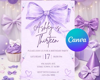 パープルリボンのコケットバースデー招待状、編集可能なCanvaテンプレート、ラベンダーリボンの女の子のパーティー招待状、1歳の誕生日デジタルダウンロード