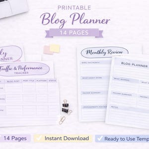 May include: A printable blog planner with 14 pages, featuring weekly and monthly review templates. The design includes a traffic and performance tracker, with a light purple and white color scheme. Includes the text "Instant Download" and "Ready to Use Template".