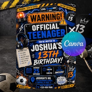 May include: A birthday invitation flyer with a construction theme featuring the text WARNING! OFFICIAL TEENAGER, JOSHUA'S 13TH BIRTHDAY, and details for Saturday, September 25th, 3:00 PM to 6:00 PM at 123 Anywhere Street, Norton, CA 4567.