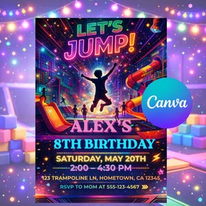 Puede incluir: Una vibrante invitación de cumpleaños con el texto "LET'S JUMP!" en colores neón. El diseño presenta una silueta de una persona saltando, toboganes y el texto "ALEX'S 8TH BIRTHDAY". La fecha y la hora también están incluidas.