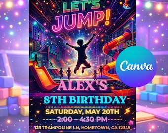 Trampolin Park Geburtstagseinladung, Jump Party einladen, bearbeitbare Canva Vorlage, Kindergeburtstag digitale Einladung, Sofort Download