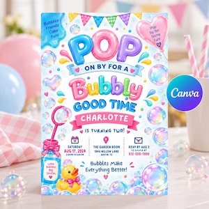 May include: A birthday invitation card featuring colorful bubbles, a yellow rubber duck, and the text: POP ON BY FOR A BUBBLY GOOD TIME CHARLOTTE IS TURNING TWO! SATURDAY AUG 17, 2024, THE GARDEN ROOM 1846 WILLOW LANE AUSTIN, TX, RSVP BY AUG 3.
