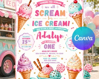 Ice Cream Birthday Invitation, Here's the Scoop Party Invite, Pink Mint Purple Sweet Party, Girl Birthday, Custom Age, Editable Canva