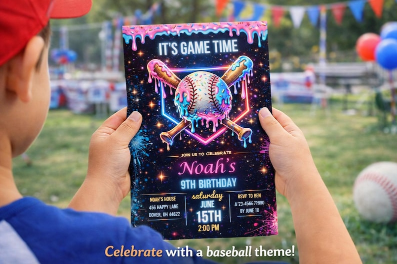 May include: A baseball-themed birthday invitation with a black background, featuring a baseball and crossed bats with a neon outline. The invitation includes the text "IT'S GAME TIME" and details for Noah's 9th birthday.