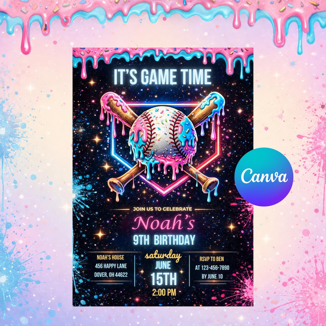 Baseball Drip Birthday Invitation, Editable Canva Template, Ice Cream Drip Party Invite, S