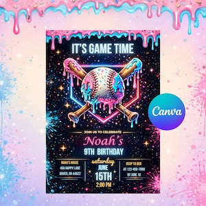 Può includere: Un invito di compleanno a tema baseball con la scritta "IT'S GAME TIME". Il design presenta una palla da baseball con glassa rosa e blu gocciolante, mazze incrociate e una cornice in stile neon. L'invito è per il 9° compleanno di Noah, il 15 giugno.