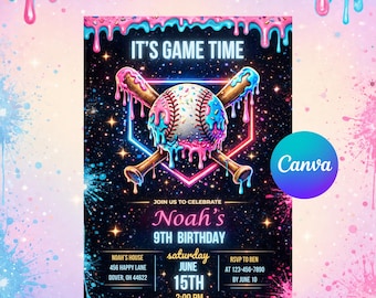 Baseball Drip Birthday Invitation, Editable Canva Template, Ice Cream Drip Party Invite, Sports Boy Birthday, Instant Download