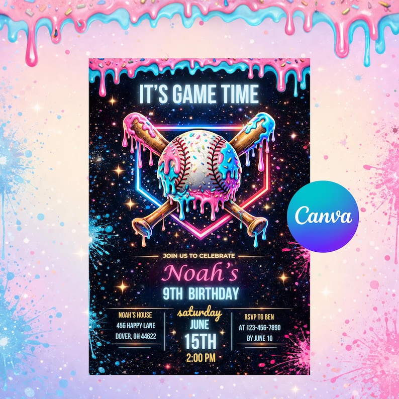 May include: A baseball-themed birthday invitation with the text "IT'S GAME TIME." The design features a baseball with pink and blue dripping icing, crossed bats, and a neon-style frame. The invitation is for Noah's 9th birthday, June 15th.