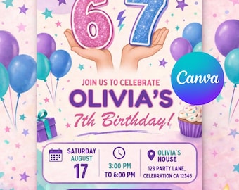 6歳だったけど今は7歳！誕生日招待状（女の子向け）｜ピンクと紫のグリッターミーム招待状｜6歳と7歳のパーティー用Canvaテンプレート（編集可能）