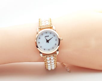 Handmade Wire Beaded Women's Bracelet Watch with pearl beads-gold watches