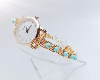 Orologio da donna con bracciale fatto a mano con perline di filo e perline turchesi blu - orologi in oro