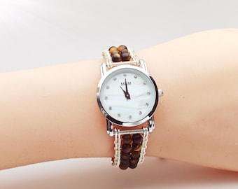 Handmade Tiger Eye Beaded Bracelet Watch - Custom Wire Jewelry