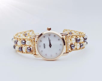Orologio con bracciale fatto a mano con perline di filo, perle colorate