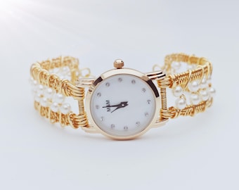 Handmade Wire Beaded Women's Bracelet Watch with white pearl beads-gold watches