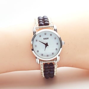 Handmade Wire Beaded Bracelet Watch with Blue Sandle Stone