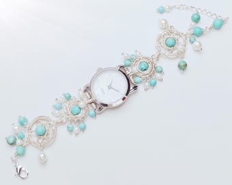 Handmade Wire Beaded Women's Bracelet Watch with blue turquoise beads-silver watches