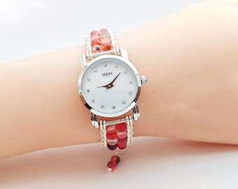 Reloj de pulsera de cuentas de alambre hecho a mano con cuentas de piedra de ágata roja