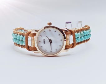 Handmade Wire Wrapped Turquoise Beaded Watch, Vintage Women’s Wristwatch, Thoughtful Gift For Her