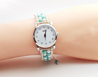 Handmade Wire Beaded Women's Bracelet Watch with pearl beads-gold watches