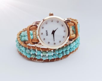 Handmade Wire Wrapped Turquoise Beaded Watch, Vintage Women’s Wristwatch, Thoughtful Gift For Her