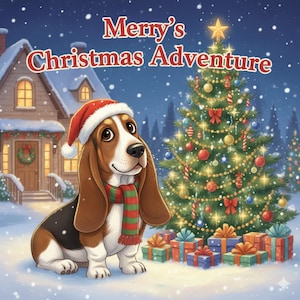 May include: A festive illustration of a Basset Hound wearing a Santa hat and a green and red striped scarf, with the text "Merry's Christmas Adventure". The dog is in a snowy scene with a decorated Christmas tree, presents, and a house.