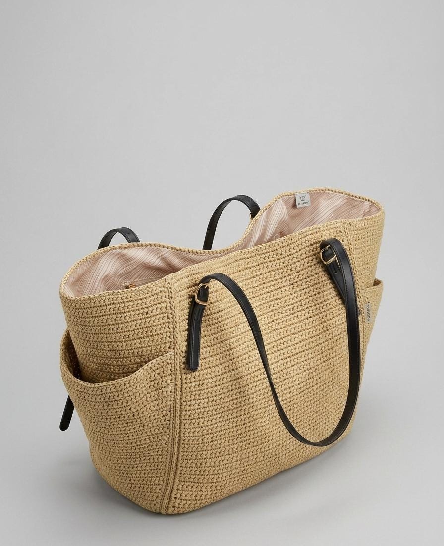 Handmade Raffia Tote Bag With Leather Straps, Large Straw Shoulder Bag ...