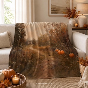 Coperta con motivo a zucca autunnale - Campagna autunnale, arredamento rustico e accogliente per la casa, regalo con paesaggio di cottage, fattoria nel bosco