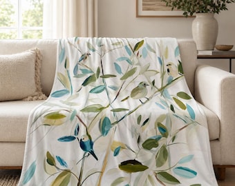 Coperta con motivo uccelli - Decorazione botanica naturale, biancheria da letto soffice a tema bosco, uccelli canori verde salvia e blu, regalo per soggiorno e camera da letto, stile cottagecore