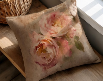 Blush Rose Throw PILLOW and CASE - Floral Cottage Garden, Romantic Home Decor, Soft Neutral Art Cushion Gift, Soft Polyester "Linen Feel"
