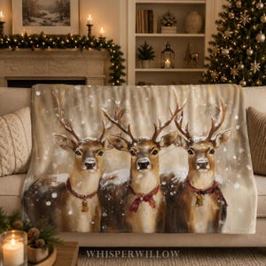 Coperta con tre renne invernali - Bosco innevato, decorazioni natalizie per la casa in stile baita, regalo morbido e accogliente, arte festiva con animali, stagione magica