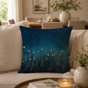 Firefly Meadow Throw Pillow, Dark Blue Cottagecore Decor, Glowing Botanical Accent Cushion, Whimsical Night Sky, Celestial Nature Home