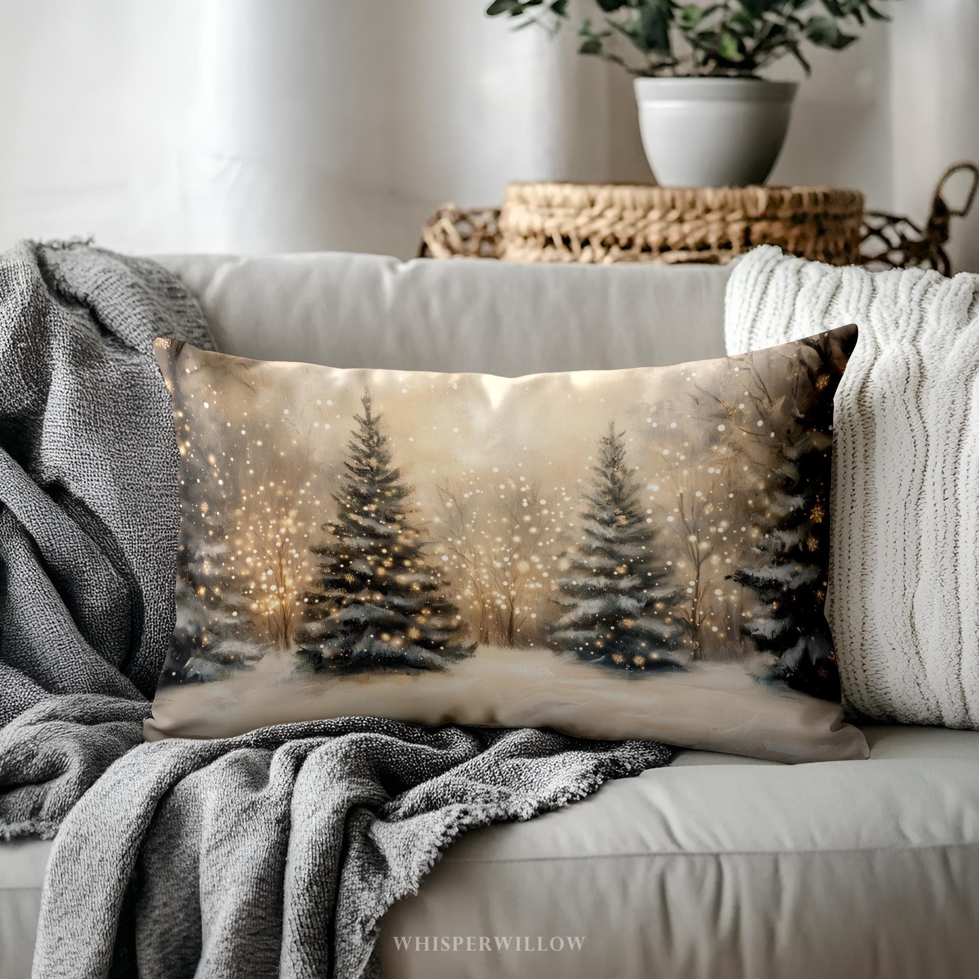 Christmas Throw PILLOW and CASE - Winter Snowy Forest, Tree Lights ...