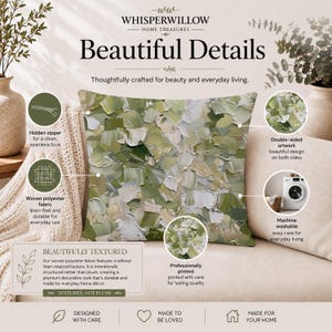 May include: A square throw pillow featuring an abstract oil painting style print in shades of sage green, olive, and cream. The pillow has a hidden zipper, is made of woven polyester fabric, is machine washable, and has double-sided artwork.