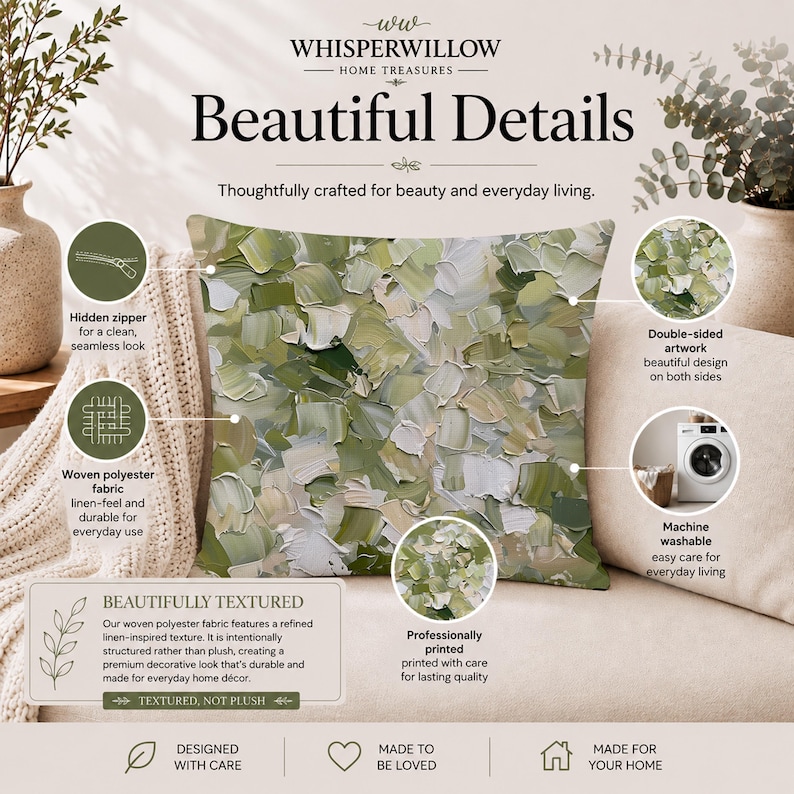 May include: A square throw pillow featuring an abstract oil painting style print in shades of sage green, olive, and cream. The pillow has a hidden zipper, is made of woven polyester fabric, is machine washable, and has double-sided artwork.