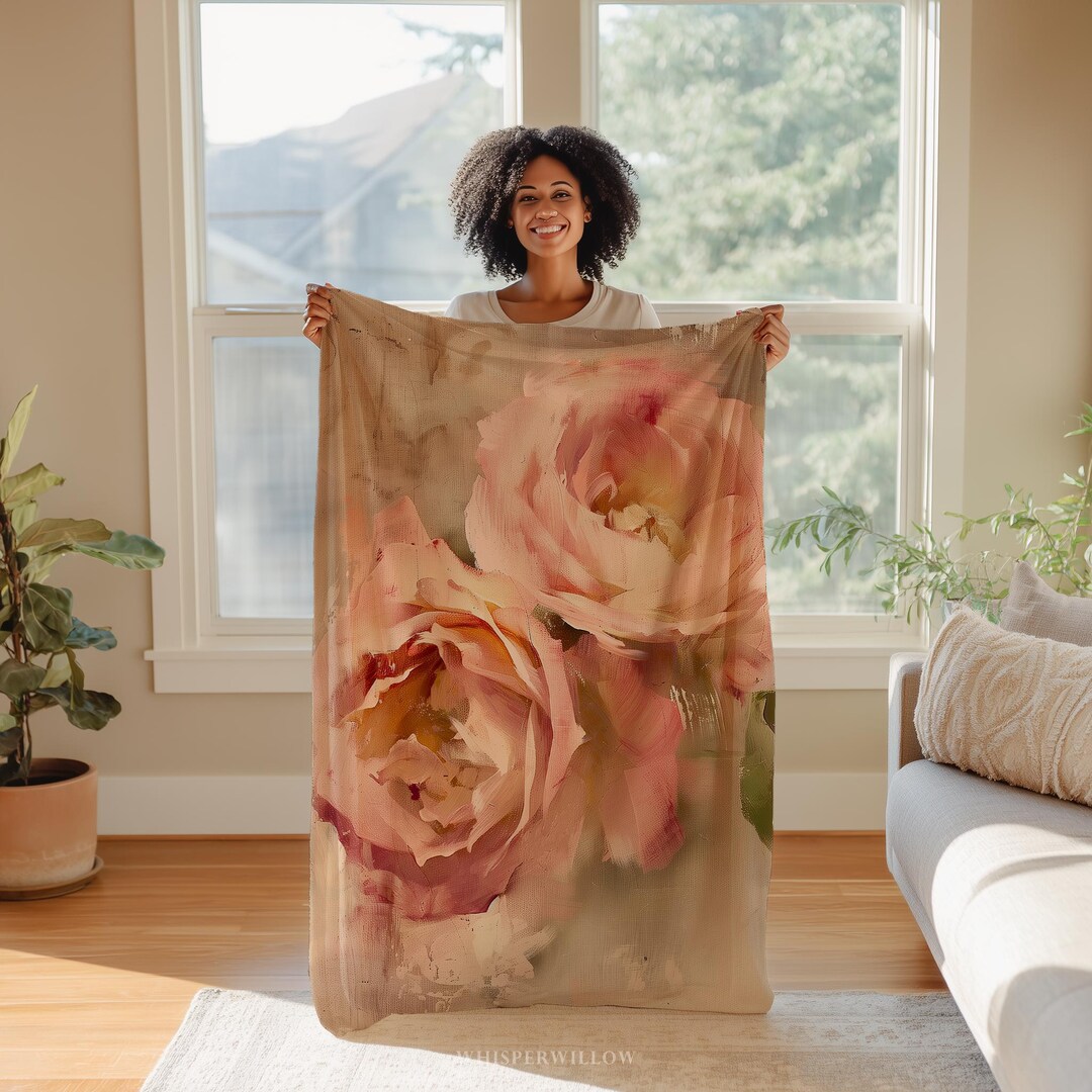 Plush Roses Throw Blush Rose Floral Throw Blanket - Soft Plush Cozy, Vintage Pastel ...
