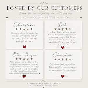 May include: A customer review graphic titled LOVED BY OUR CUSTOMERS featuring four testimonials from Christine, Deb, and an Etsy Buyer. Each review includes a five-star rating, text praising a pillow and throw blanket, and small red heart icons.