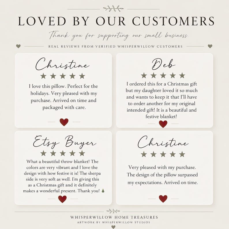 May include: A customer review graphic titled LOVED BY OUR CUSTOMERS featuring four testimonials from Christine, Deb, and an Etsy Buyer. Each review includes a five-star rating, text praising a pillow and throw blanket, and small red heart icons.