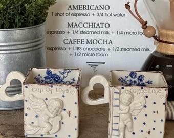 Handmade Stoneware Angel Coffee Mug Set, 2pcs Hand Painted Ceramic Cups 300ml/10 Oz