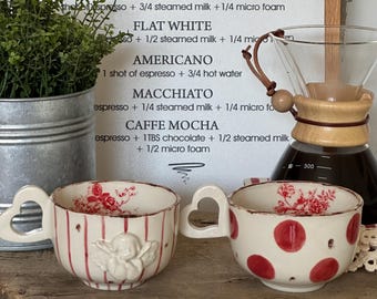 Handmade Stoneware Angel Coffee Mug Set, 2pcs Hand Painted Ceramic Cups 300ml/10 Oz