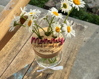 Personalized Wooden Lid Mason Jar Vase | Custom Mom Gift, Engraved Keepsake