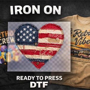 May include: Image features three t-shirts with text and graphics. A black shirt says "BIRTHDAY CREW" with balloons and gifts. A heart-shaped DTF transfer with an American flag design. A tan shirt says "Retro Vibes" with a vintage car.
