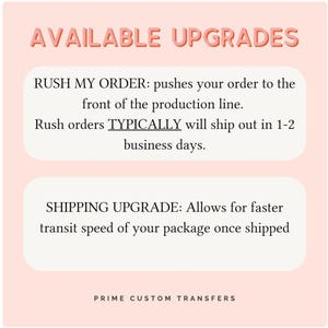 May include: A light pink graphic with the words "AVAILABLE UPGRADES" in a bubble font. The text describes options to expedite order processing and shipping. The business name "PRIME CUSTOM TRANSFERS" is at the bottom.