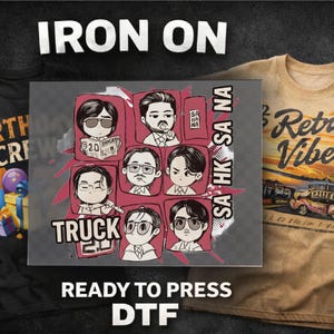 May include: Image featuring three t-shirts with graphic designs. One black shirt has "BIRTHDAY CREW" text with balloons and a gift. A tan shirt displays "Retro Vibes" with a vintage truck. A DTF transfer shows cartoon faces and the text "SA HK SA NA".