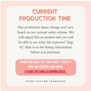 May include: A light pink graphic with the text "CURRENT PRODUCTION TIME" in a bold, red font. The text explains production times and how to find the expected ship date before purchase. The bottom text reads "PRIME CUSTOM TRANSFERS."