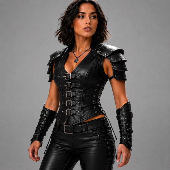 Women’s Genuine Leather Armor Corset – Black Leather Costume – Medieval Warrior Outfit – Gothic Leather Bodice – Cosplay Leather Top