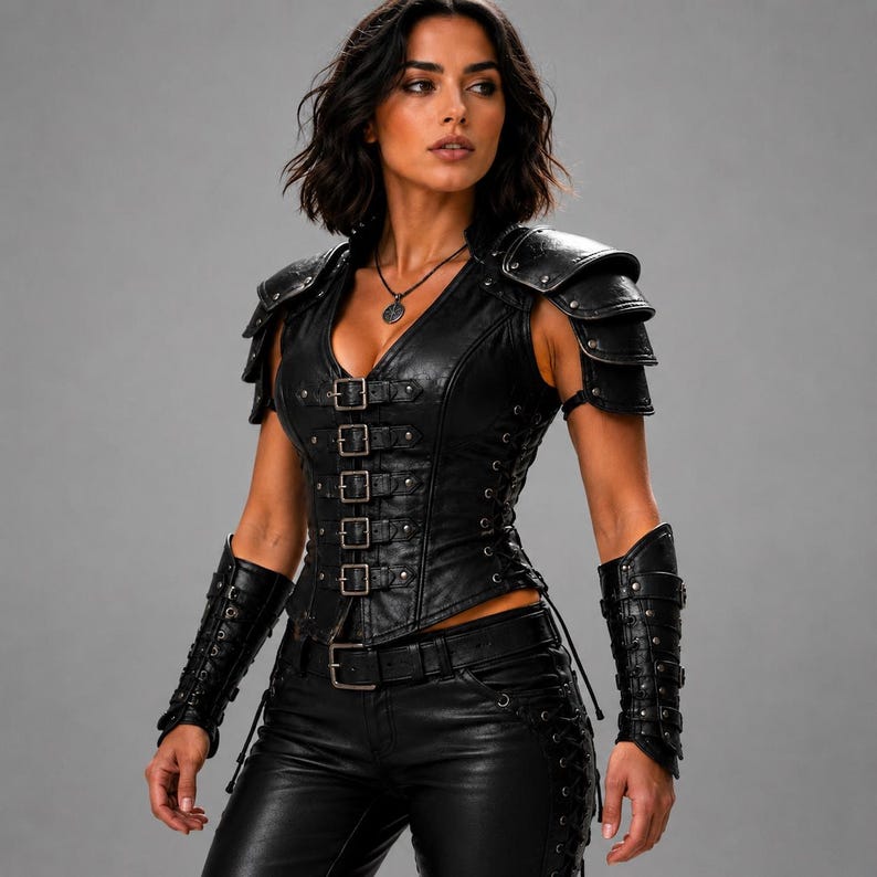 May include: A black leather waistcoat featuring five front buckles, layered shoulder pauldrons, and matching forearm bracers. The waistcoat is paired with black leather trousers that have side lacing details and a belt with a silver buckle at the waist.