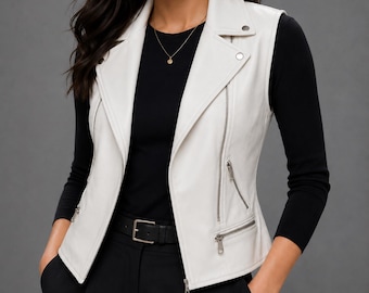 Vest van echt leer – wit getailleerd mouwloos gilet – minimalistische chique top met knopen