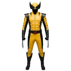 May include: A full-body costume in yellow and black, resembling a superhero. The costume includes a mask with pointed ears, a jacket with a zipper, and a belt with a red emblem. The gloves have metal claws extending from the knuckles.